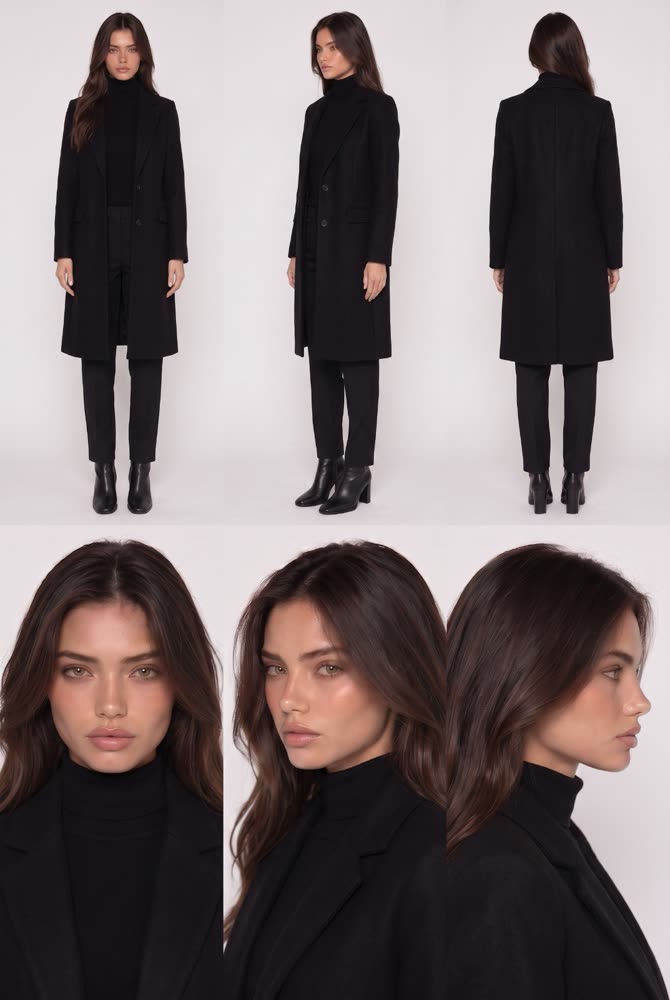 Character sheet: a woman in a black wool coat