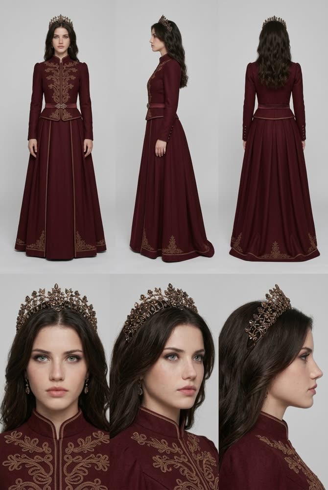 Character sheet: a queen in a burgundy court dress