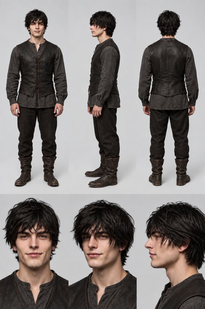 Character sheet: a young man in a leather vest